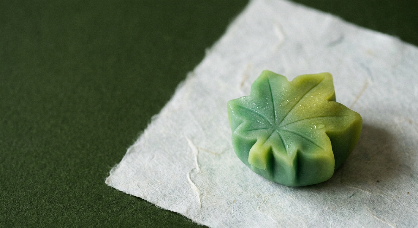 季節の上生菓子・青楓をかたどった練り切りのクローズアップ